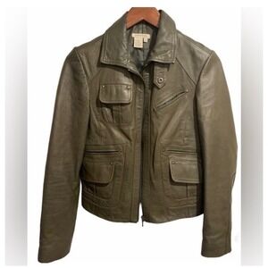 Boston Proper Olive Green Leather Jacket Womens 4 Utility Retro Vintage Y2K Boho